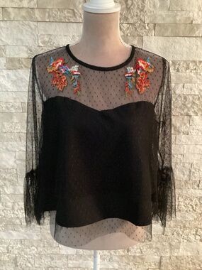 True Destiny Black Sheer Polka Dot Mesh Blouse